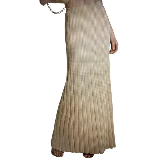 NWT Michael Kors Metallic Ribbed Knit Long Pleated Skirt Gold Varies - Picture 2 of 9